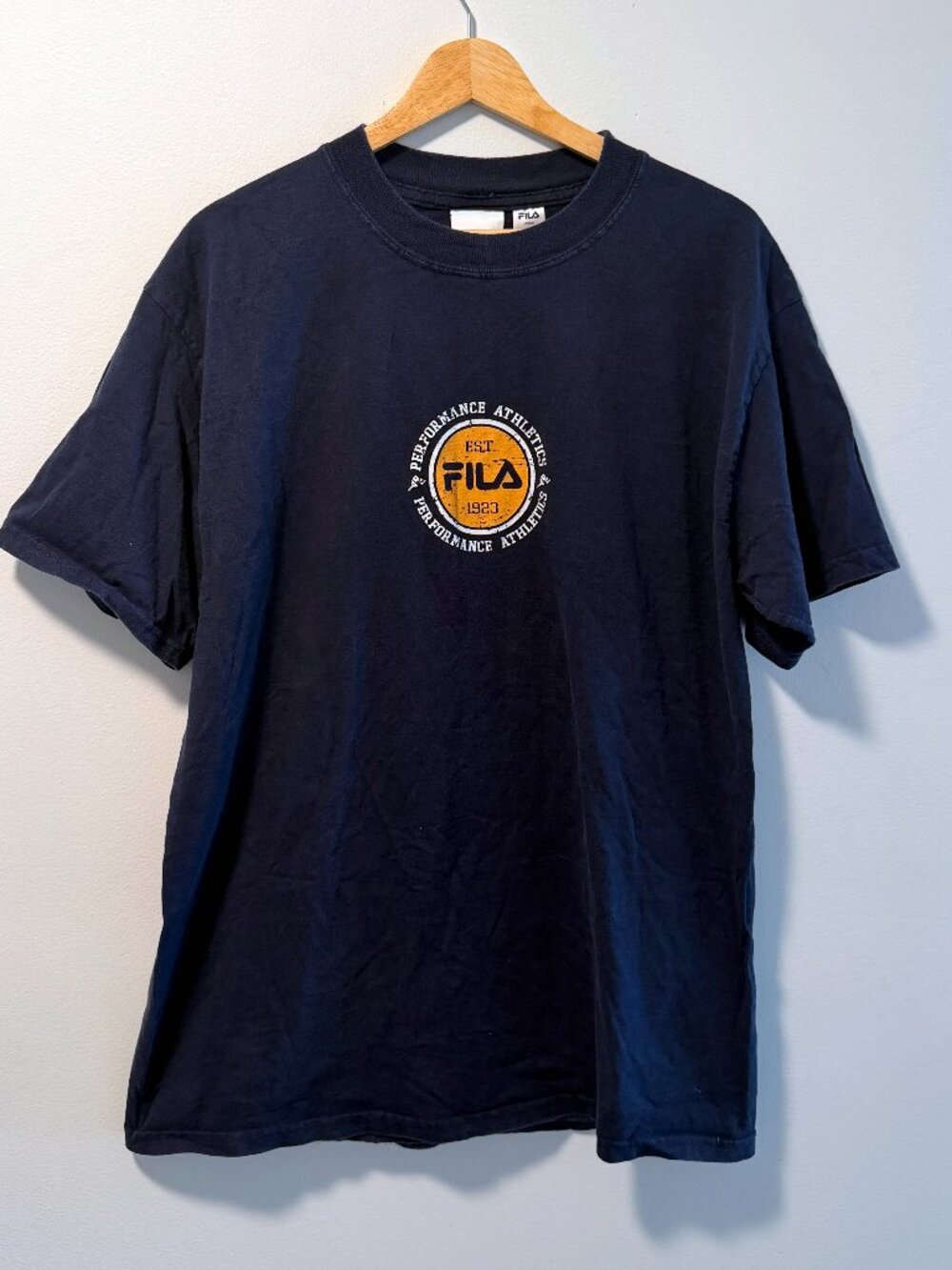 Fila Shirt Short Sleeve Navy Blue Crewneck Mens M Graphic Performance Athletics